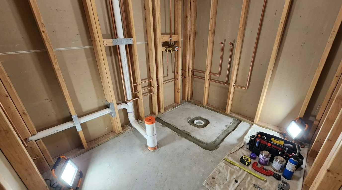 Bathroom rough-in plumbing during remodel by Johns Plumbing LLC in Wallace