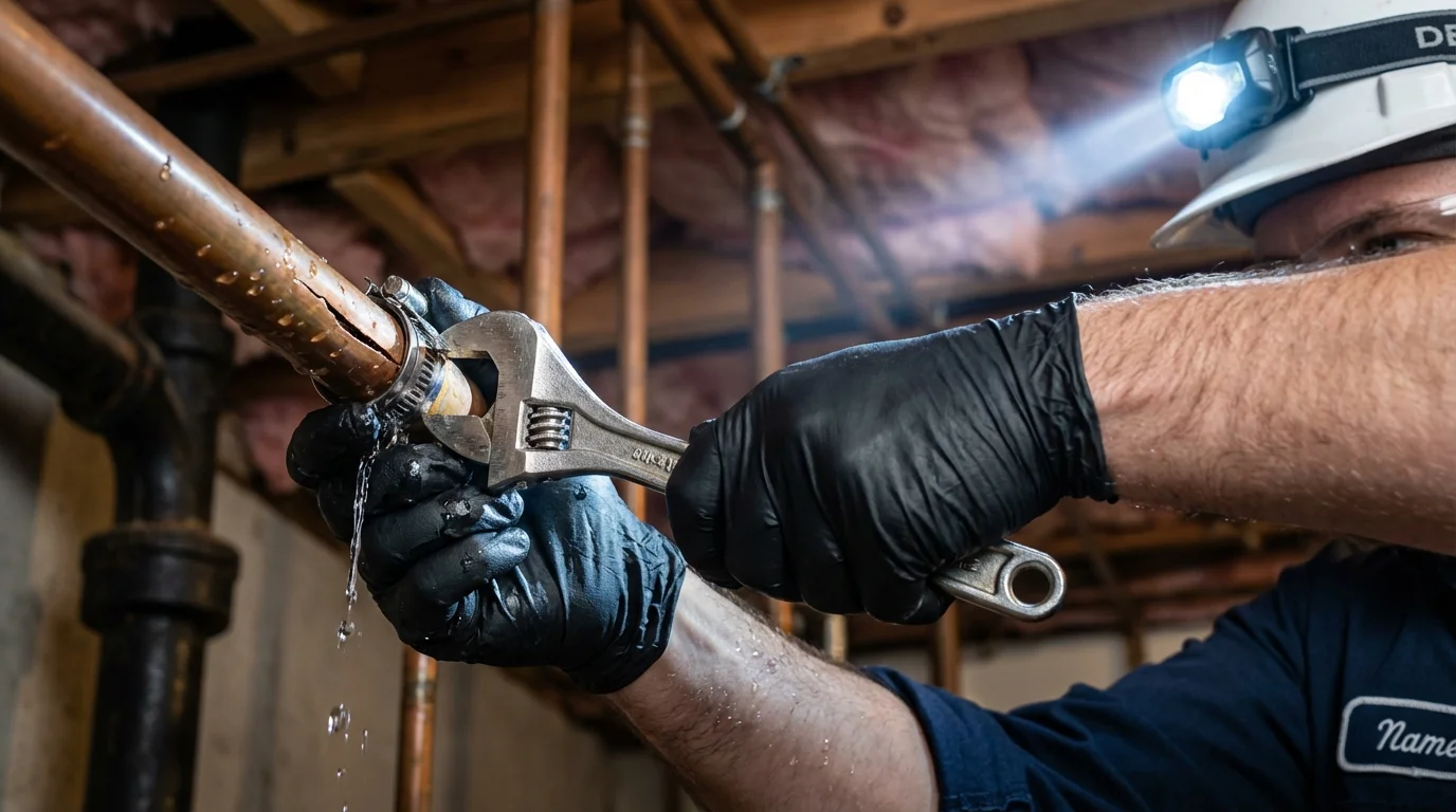 Emergency pipe clamp repair being performed by a Johns Plumbing LLC plumber in Wallace
