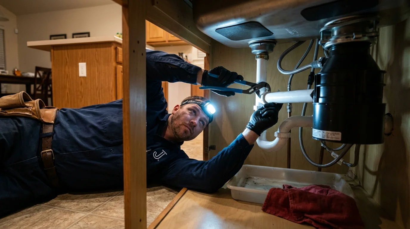 P-trap and supply line connections under a kitchen sink showing a common leak point in Wallace, ID